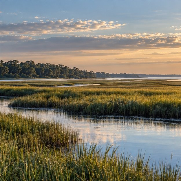 Illustrative coastal marsh at sunset